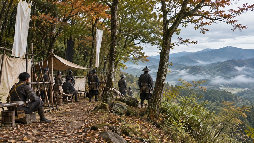 関ヶ原の戦いで南宮山付近にとどまった毛利勢をイメージした戦国時代の陣営風景