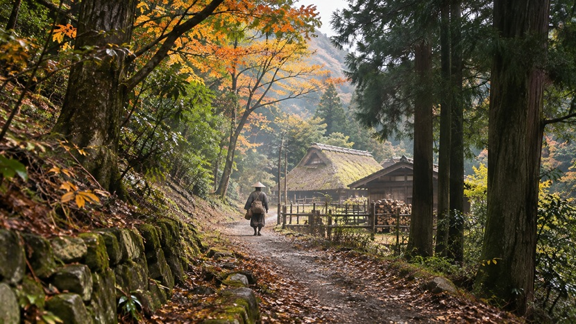 関ヶ原敗戦後に石田三成が逃れた近江の山間部をイメージした秋の山道と集落