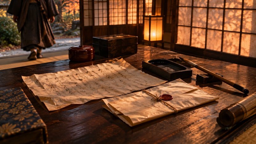 関ヶ原の戦い前日に交わされた起請文をイメージした和紙の書状と筆