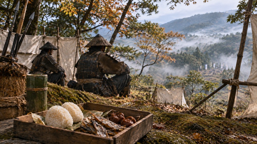 宰相殿の空弁当の逸話をイメージした戦国時代の陣幕と簡素な食事