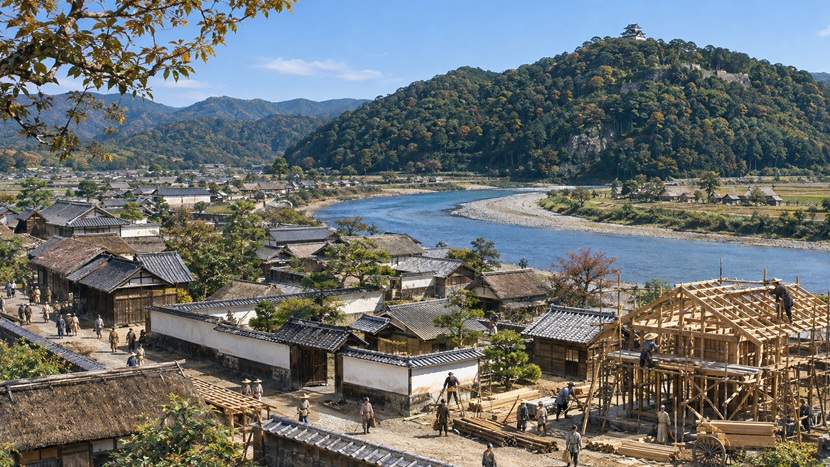 吉川広家が岩国城を築いた江戸時代初期の錦川と城下町の想像風景