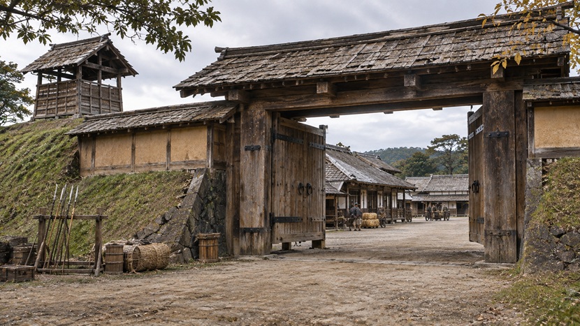 1590年の小田原城開城後に静まり返った城門と城内を再現した風景