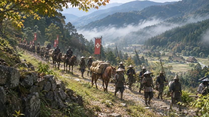 戦国時代の信濃国の街道を川中島方面へ進む武田軍の行軍風景