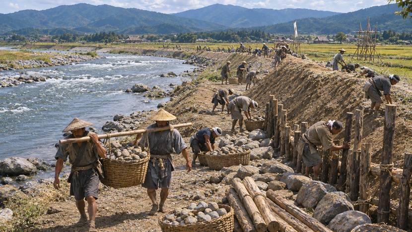 甲斐国の釜無川沿いで石や木材を運び堤防を整備する戦国時代の人々