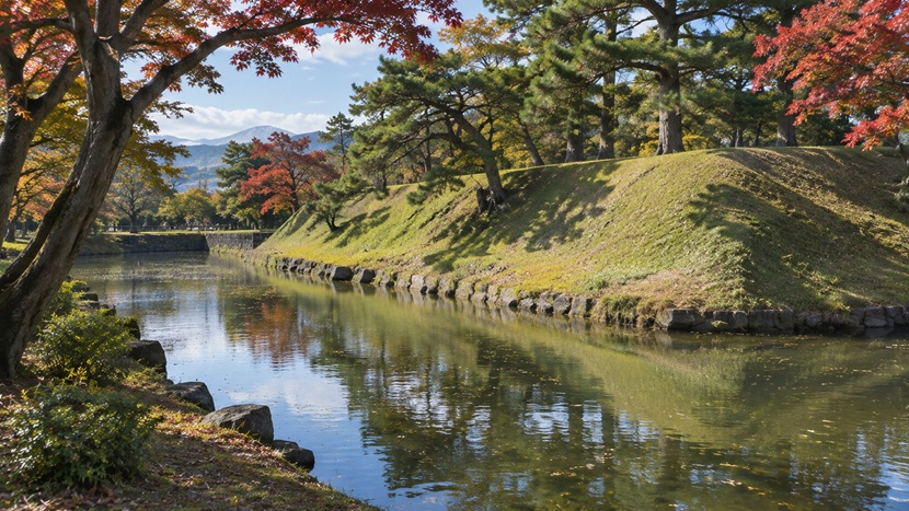 山梨県甲府市の武田氏館跡をイメージした堀と土塁が残る歴史的景観