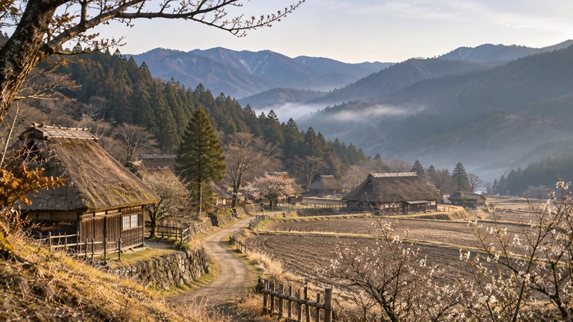 武田信玄の終焉の地と伝わる信濃国駒場の山里をイメージした風景