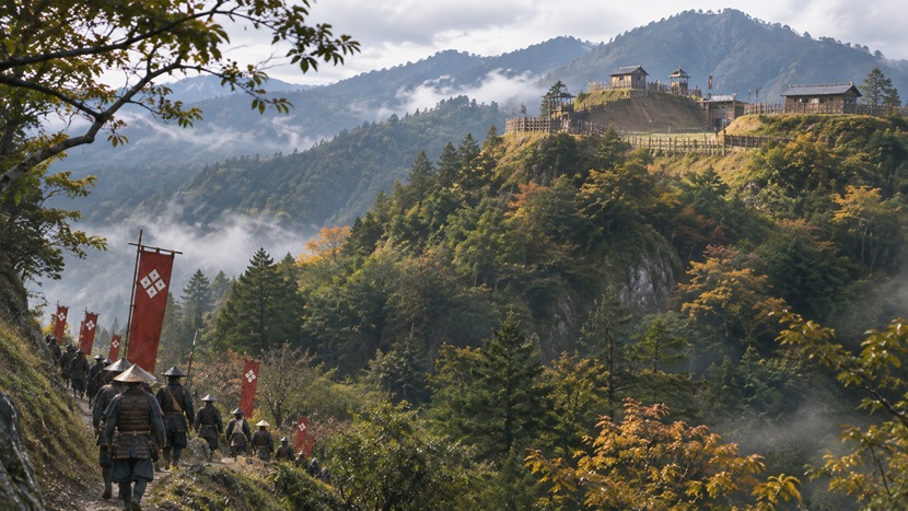 戦国時代の北信濃の山城と山道を進む武田軍の遠景