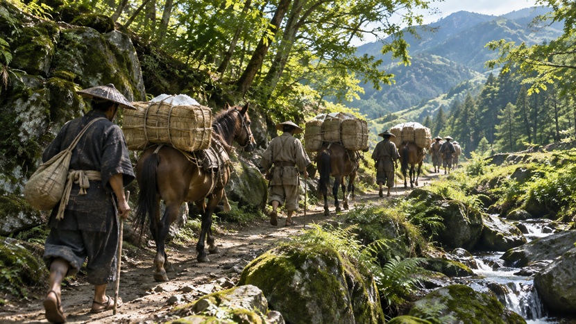戦国時代の山道を塩の荷物を積んだ馬とともに進む商人たち