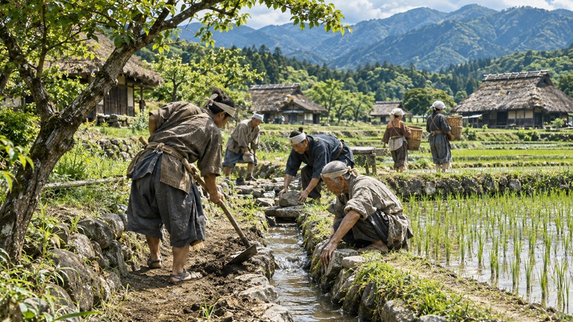 戦国時代の甲斐国の農村で用水路の補修に協力する村人たち