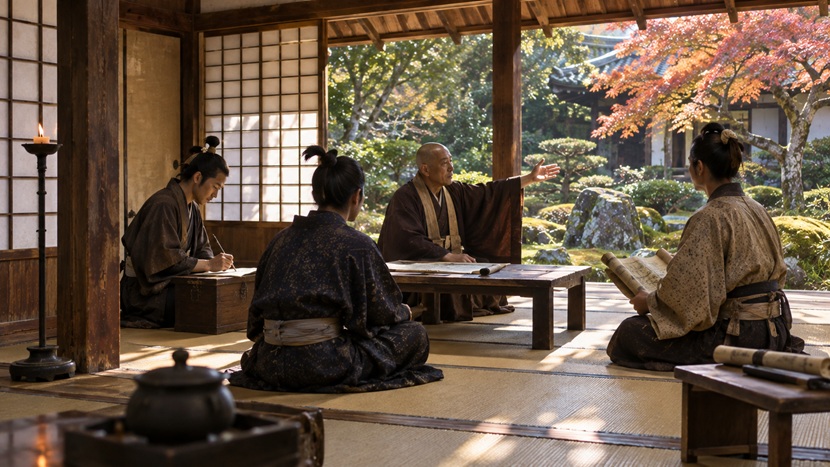 戦国時代の甲斐国の禅寺で僧侶の話を聞き学問に励む若い武士たち