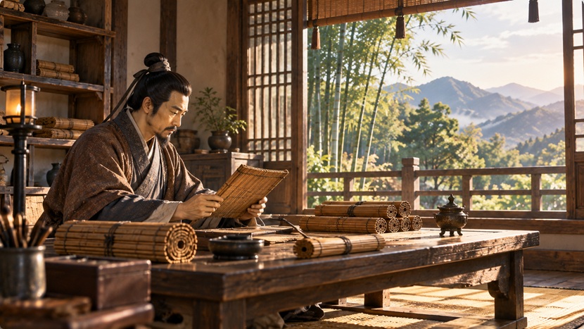 古代中国の書斎で竹簡を手に取り兵法を学ぶ男性と窓の外の竹林
