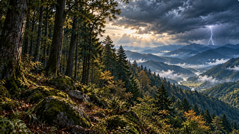 奥が見通せない静かな森林と遠くの山に走る稲妻を描いた風景