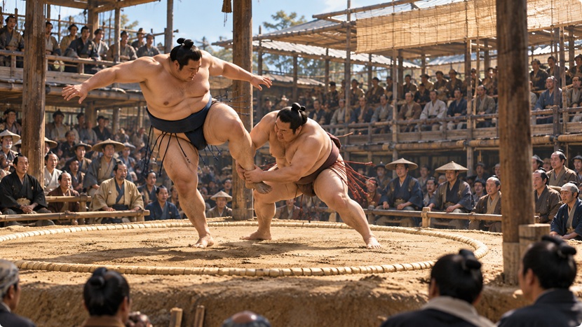 江戸時代の相撲場で相手の上げた足を取ろうとする力士の様子