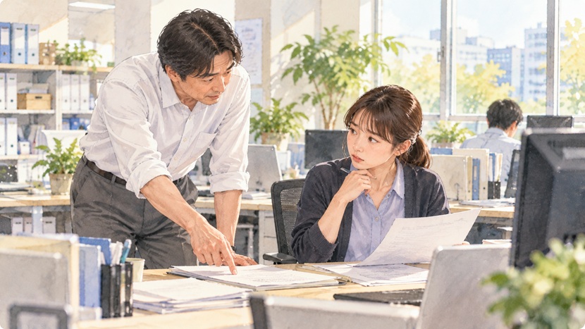 オフィスで書類の細かな部分を指摘する男性と困惑する女性のイラスト