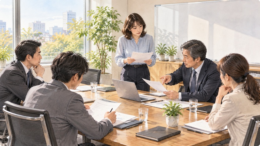 職場の会議で男性から資料の細かな部分を指摘される女性のイラスト