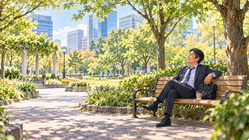 職場の人間関係から少し距離を置き公園のベンチで休憩する男性会社員のイラスト