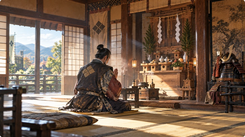 戦国時代の武家屋敷で諏訪大明神に祈りを捧げる武将のイメージイラスト