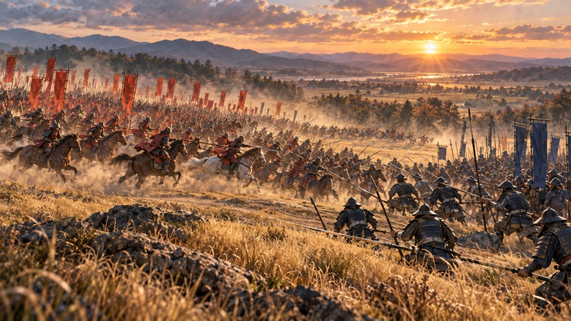 1572年の三方ヶ原の戦いで激突する武田軍と徳川軍を描いた歴史イラスト