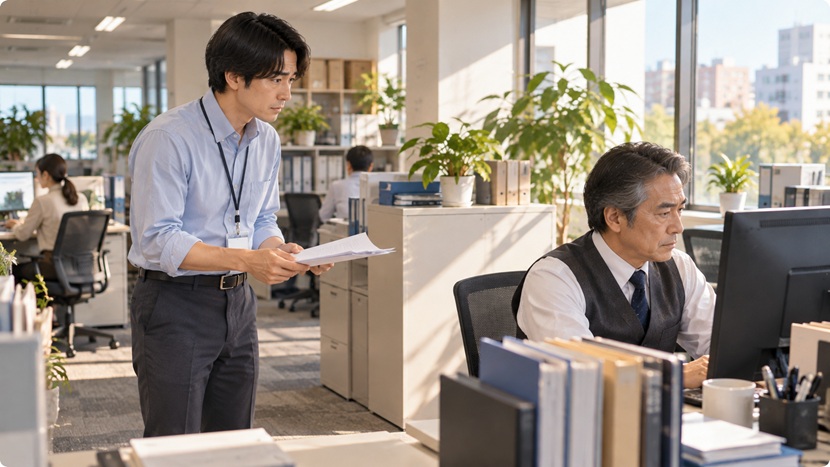 職場で上司に報告しようとしても返事がなく戸惑う男性社員のイラスト