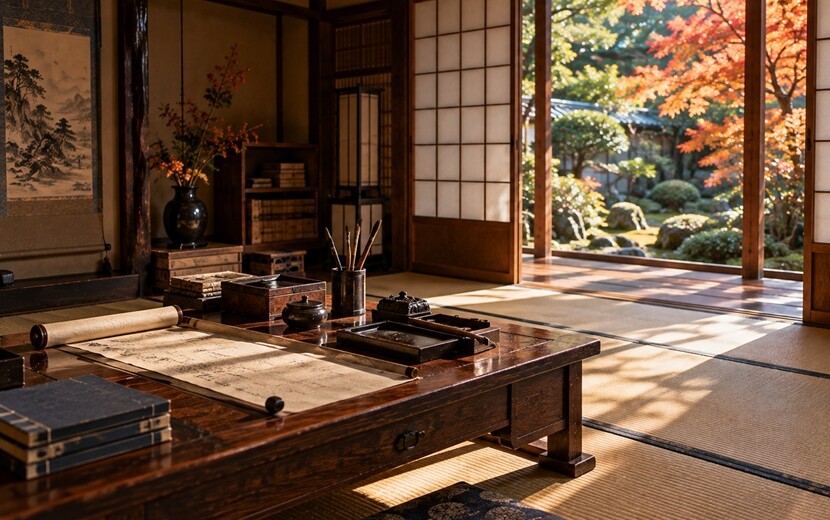 伊達政宗の名言や遺訓をイメージした武家屋敷の書斎と筆や書状