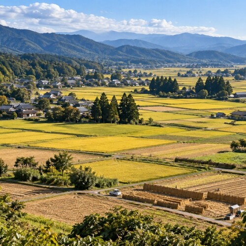 広い田園と収穫後の農地を高台から見渡した風景