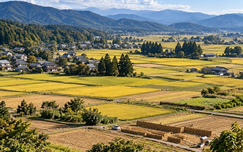 広い田園と収穫後の農地を高台から見渡した風景