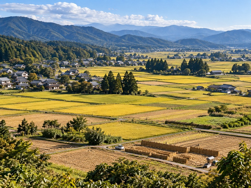 広い田園と収穫後の農地を高台から見渡した風景