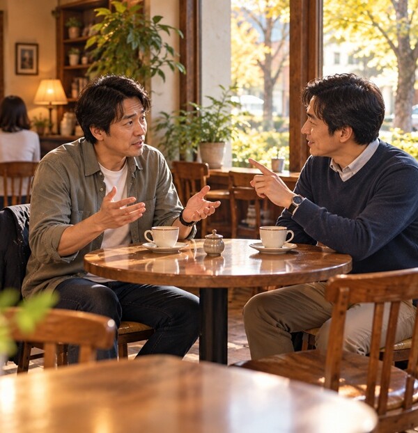 喫茶店で会話中に言葉の細かな部分を指摘され、少し困った表情を見せる男性