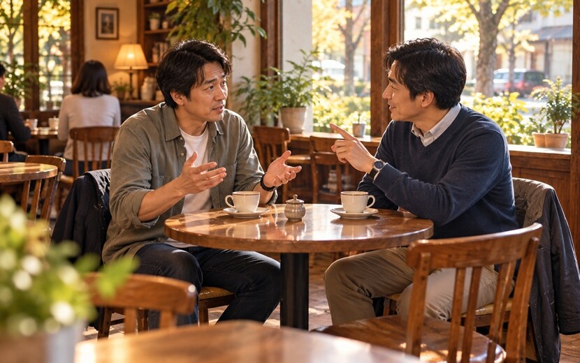 喫茶店で会話中に言葉の細かな部分を指摘され、少し困った表情を見せる男性