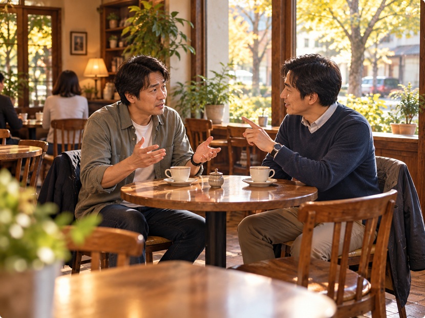 喫茶店で会話中に言葉の細かな部分を指摘され、少し困った表情を見せる男性