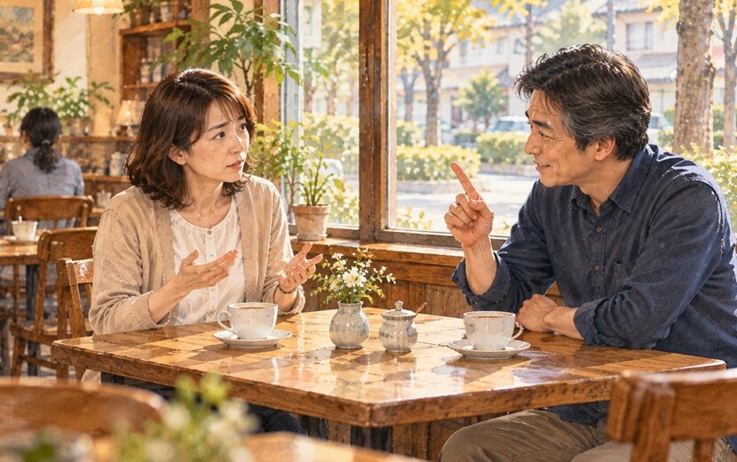 喫茶店で男性から細かな指摘を受けて戸惑う女性のイラスト