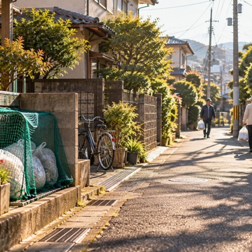 福岡の住宅街の朝に近所の人同士が挨拶を交わす日常風景