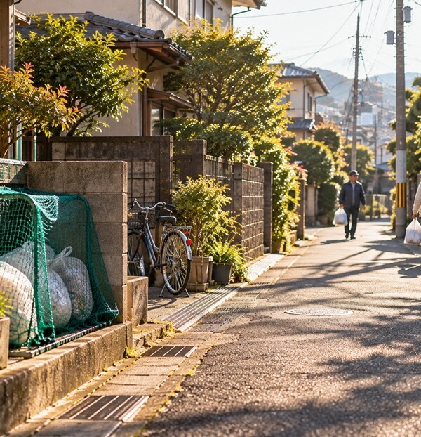 福岡の住宅街の朝に近所の人同士が挨拶を交わす日常風景