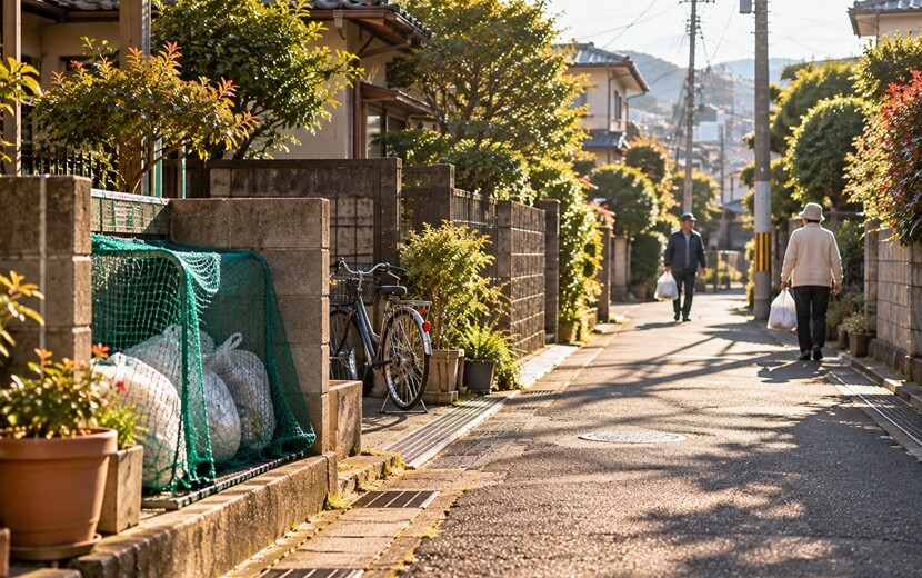 福岡の住宅街の朝に近所の人同士が挨拶を交わす日常風景