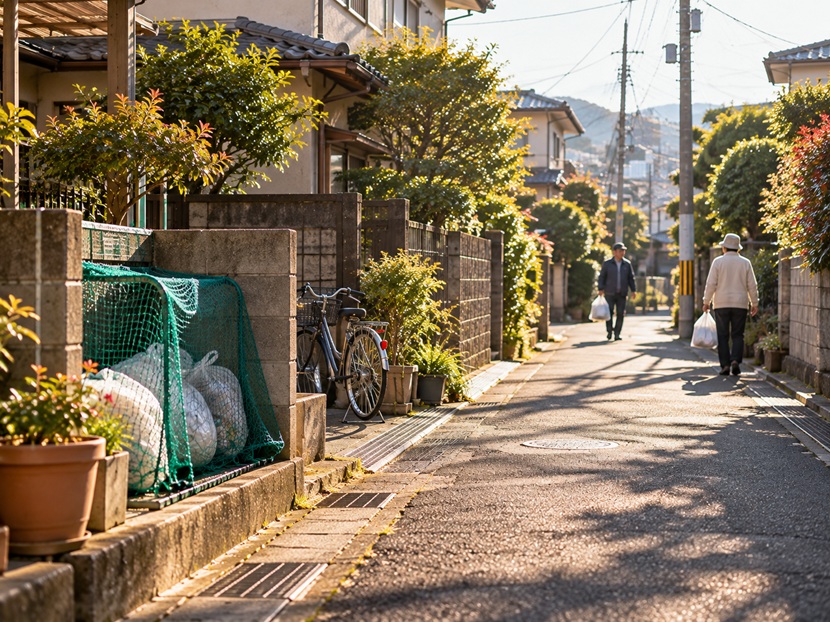 福岡の住宅街の朝に近所の人同士が挨拶を交わす日常風景