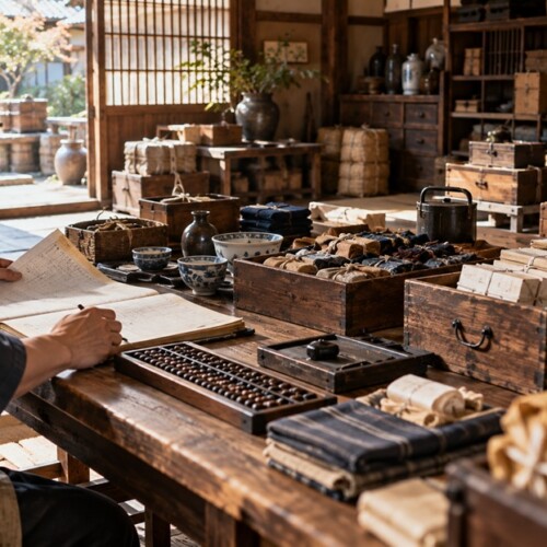 帳面やそろばんを使って品物の数量を確認する商家の机