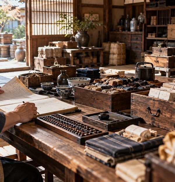 帳面やそろばんを使って品物の数量を確認する商家の机