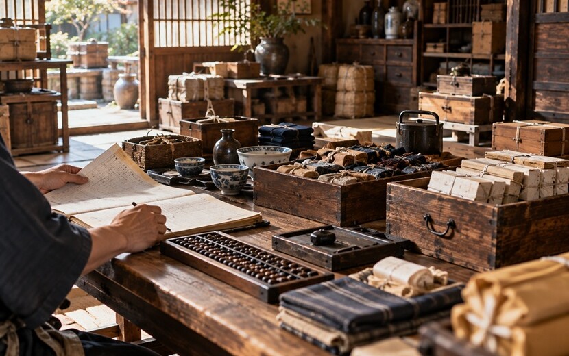 帳面やそろばんを使って品物の数量を確認する商家の机