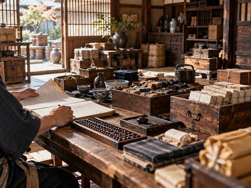 帳面やそろばんを使って品物の数量を確認する商家の机