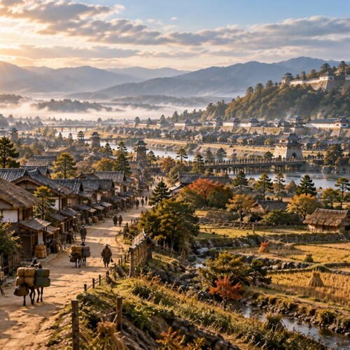 戦国時代から江戸時代への移り変わりを象徴する城下町と街道の風景