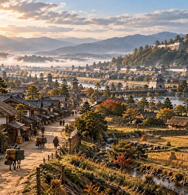 戦国時代から江戸時代への移り変わりを象徴する城下町と街道の風景