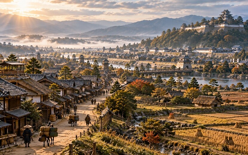 戦国時代から江戸時代への移り変わりを象徴する城下町と街道の風景