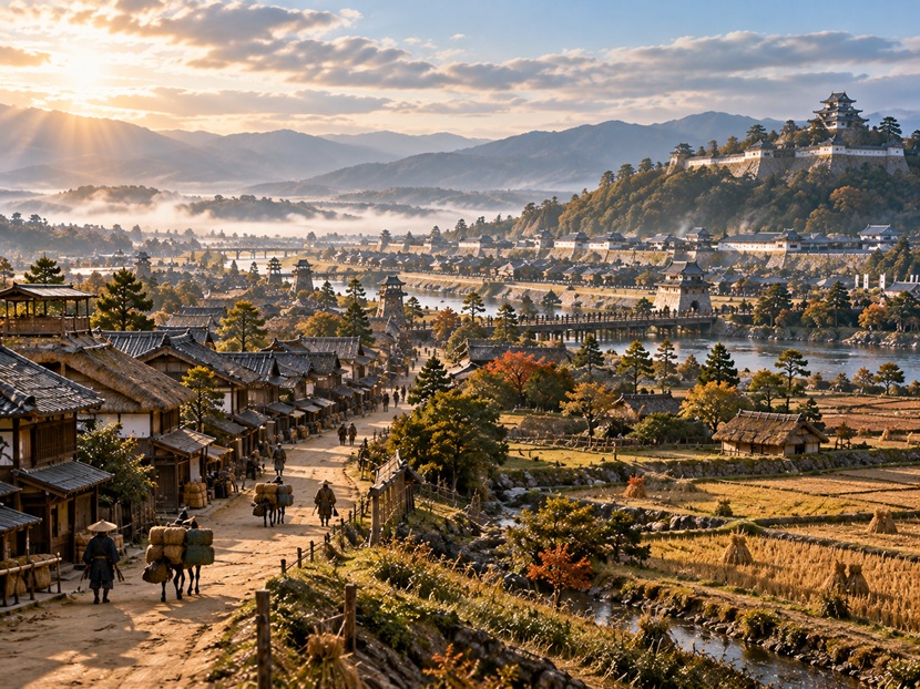 戦国時代から江戸時代への移り変わりを象徴する城下町と街道の風景