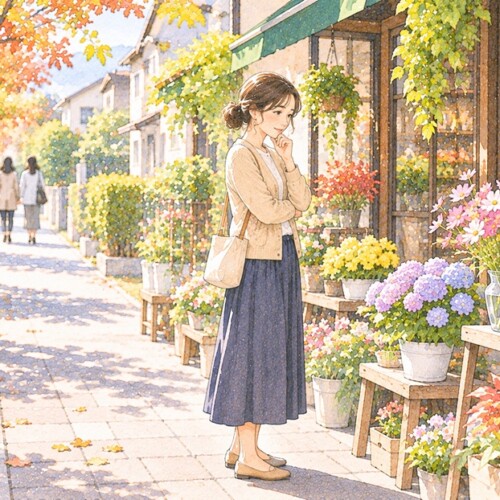 花屋の前で友達との会話を静かに振り返る女性のイラスト