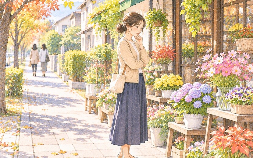 花屋の前で友達との会話を静かに振り返る女性のイラスト
