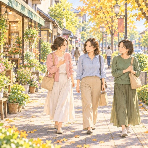 商店街を歩く3人の女性と、友達との会話に少し戸惑う女性のイラスト