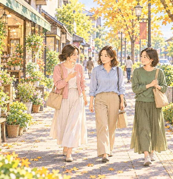 商店街を歩く3人の女性と、友達との会話に少し戸惑う女性のイラスト