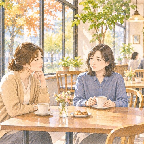 カフェで親しく会話しながらも微妙な違和感を覚える二人の女性