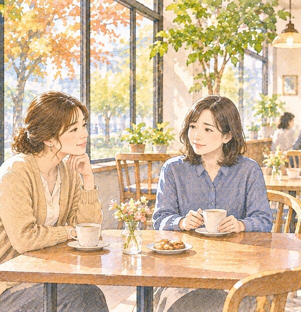 カフェで親しく会話しながらも微妙な違和感を覚える二人の女性