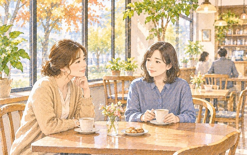 カフェで親しく会話しながらも微妙な違和感を覚える二人の女性